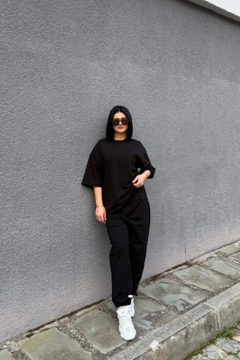 ONE COLOR SIMPLE T-SHIRT + JOGGERS WOMAN SET BLACK/ E ZEZE - 3