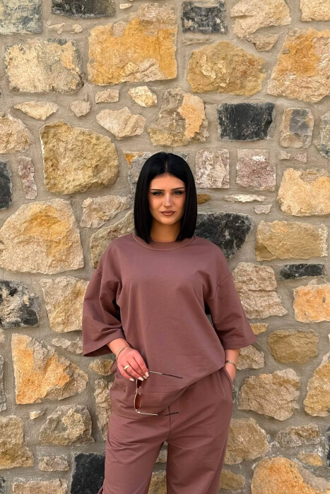 ONE COLOR SIMPLE T-SHIRT + JOGGERS WOMAN SET BROWN/KAFE - 3
