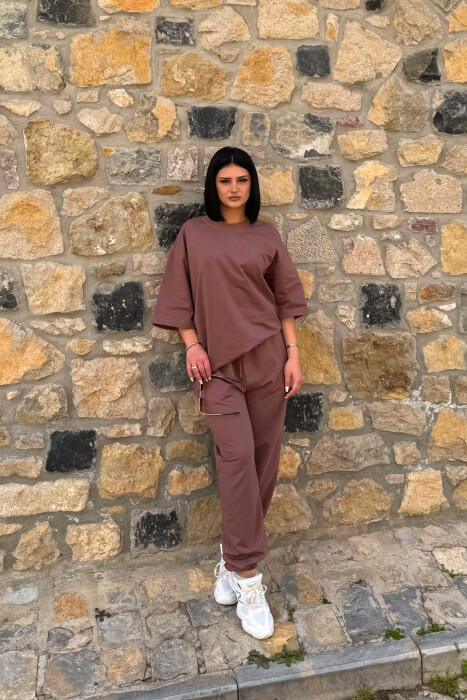ONE COLOR SIMPLE T-SHIRT + JOGGERS WOMAN SET BROWN/KAFE - 4