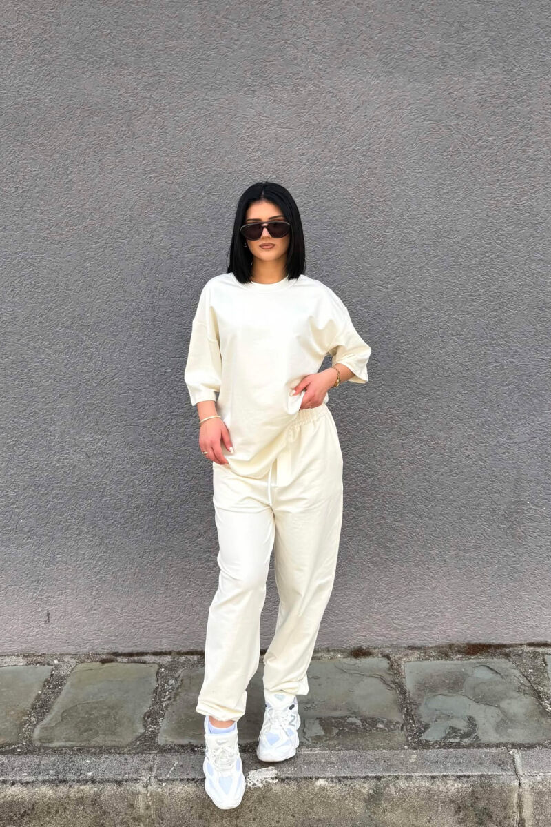 ONE COLOR SIMPLE T-SHIRT + JOGGERS WOMAN SET CREAM/KREM - 1