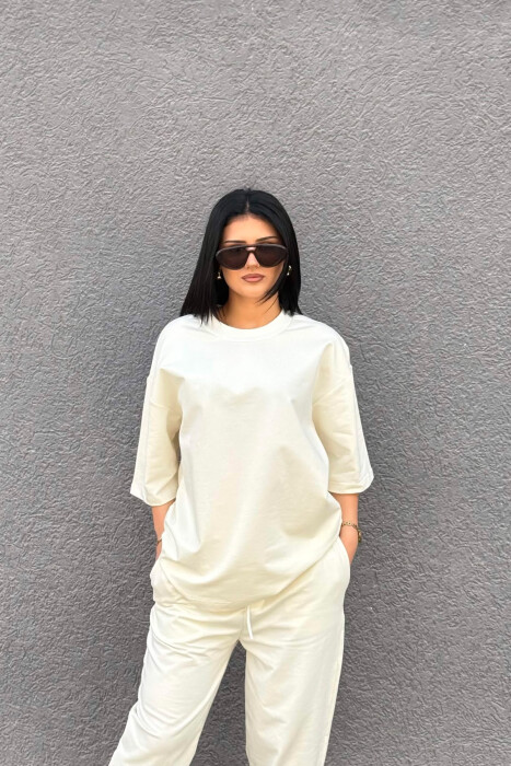 ONE COLOR SIMPLE T-SHIRT + JOGGERS WOMAN SET CREAM/KREM - 2