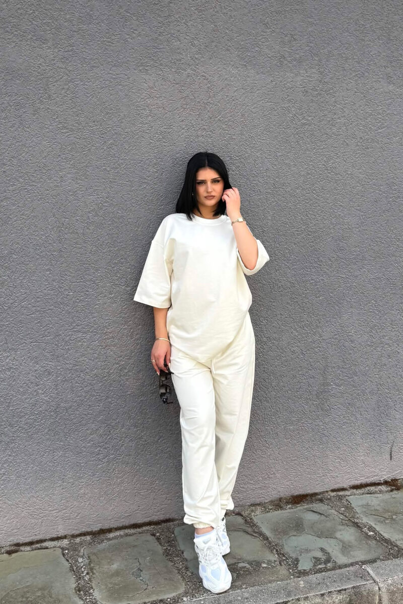 ONE COLOR SIMPLE T-SHIRT + JOGGERS WOMAN SET CREAM/KREM - 4