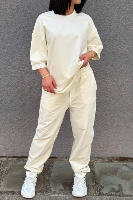 ONE COLOR SIMPLE T-SHIRT + JOGGERS WOMAN SET CREAM/KREM - 6