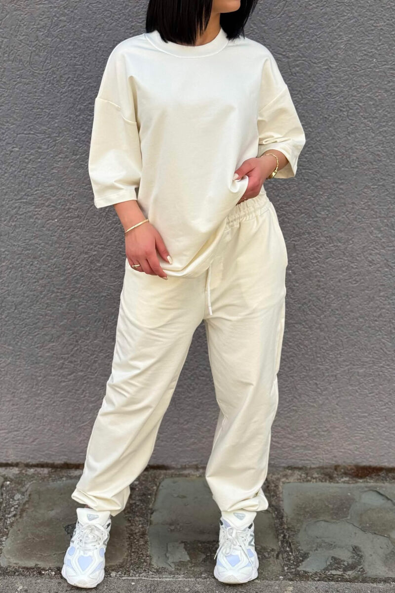 ONE COLOR SIMPLE T-SHIRT + JOGGERS WOMAN SET CREAM/KREM - 6
