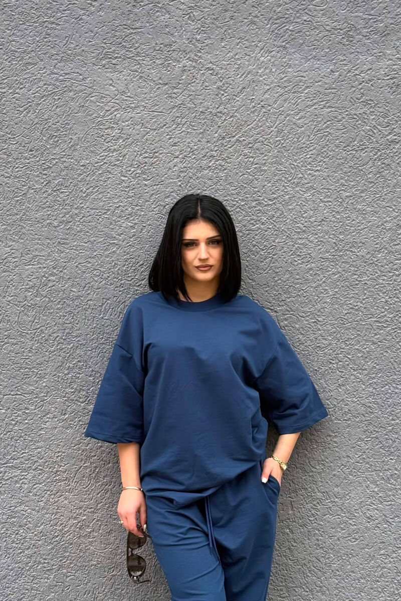 ONE COLOR SIMPLE T-SHIRT + JOGGERS WOMAN SET DARK BLUE/BEE - 3