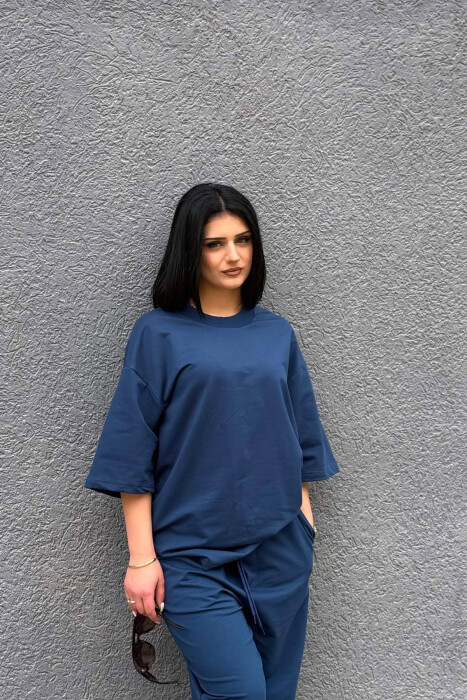 ONE COLOR SIMPLE T-SHIRT + JOGGERS WOMAN SET DARK BLUE/BEE - 5