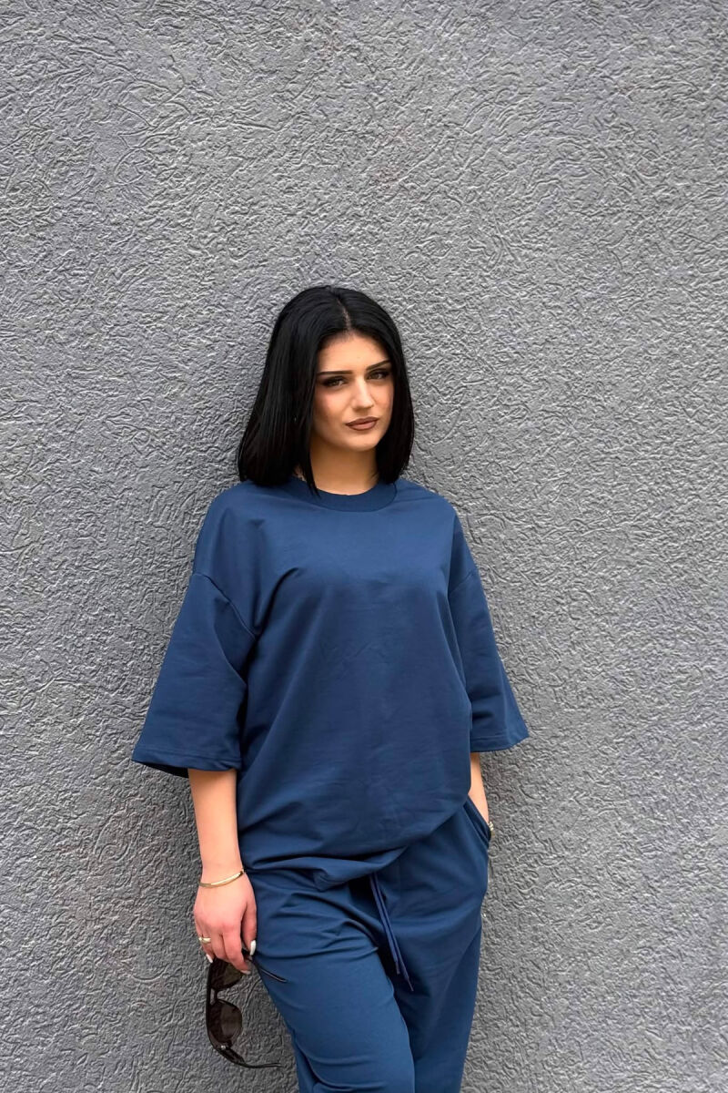 ONE COLOR SIMPLE T-SHIRT + JOGGERS WOMAN SET DARK BLUE/BEE - 5