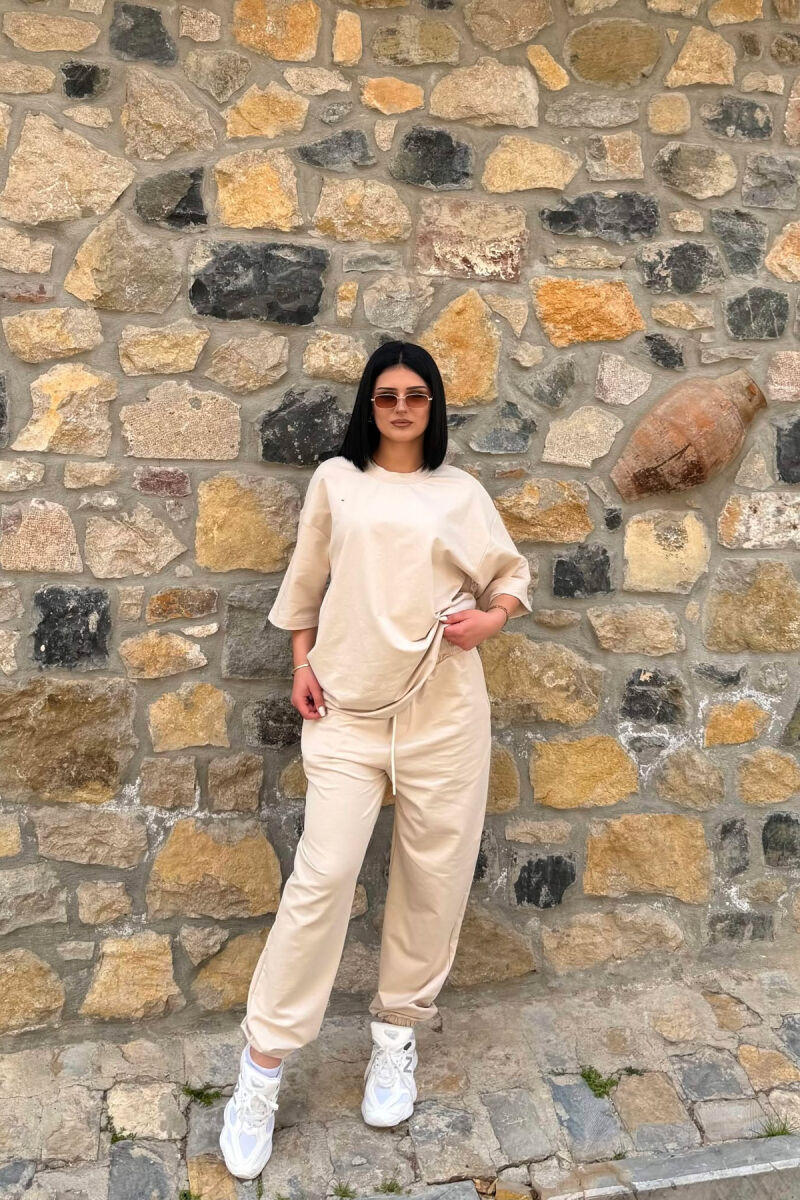 ONE COLOR SIMPLE T-SHIRT + JOGGERS WOMAN SET LIGHT BEIGE/BZHZB - 1