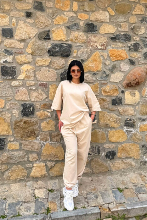 ONE COLOR SIMPLE T-SHIRT + JOGGERS WOMAN SET LIGHT BEIGE/BZHZB - 4