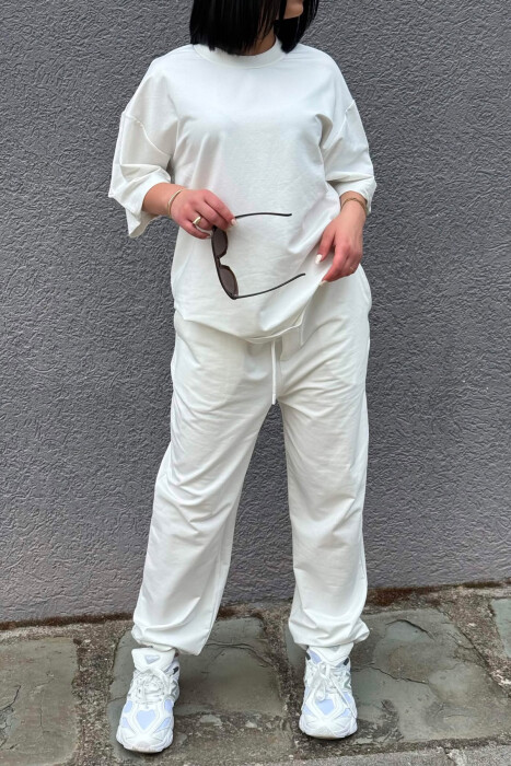 ONE COLOR SIMPLE T-SHIRT + JOGGERS WOMAN SET WHITE-E BARDHE - 2