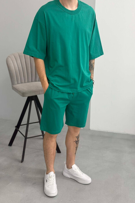 ONE COLOR SIMPLE T-SHIRT + SHORTS MEN SET DARK GREEN/JEE - 2