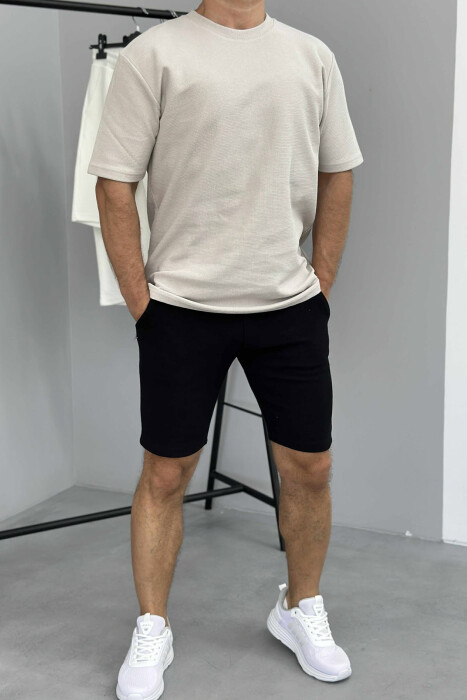 ONE COLOR SIMPLE T-SHIRT+ SHORTS MEN SET LIGHT BEIGE-BLACK/BZBZE 