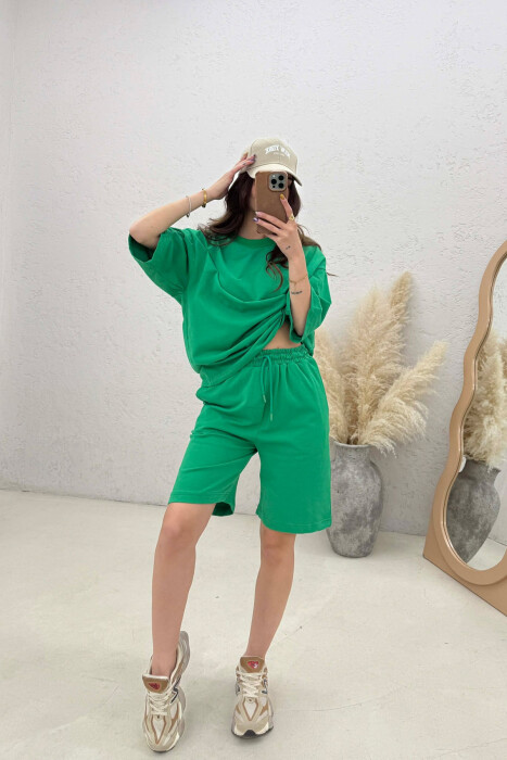 ONE COLOR SIMPLE T-SHIRT + SHORTS WOMEN SET LIGHT GREEN/JEZB - KLAUDIO FASHION