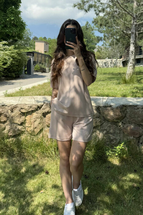 ONE COLOR SIMPLE T-SHIRT+SHORTS WOMEN SET BEIGE/BEZHE 