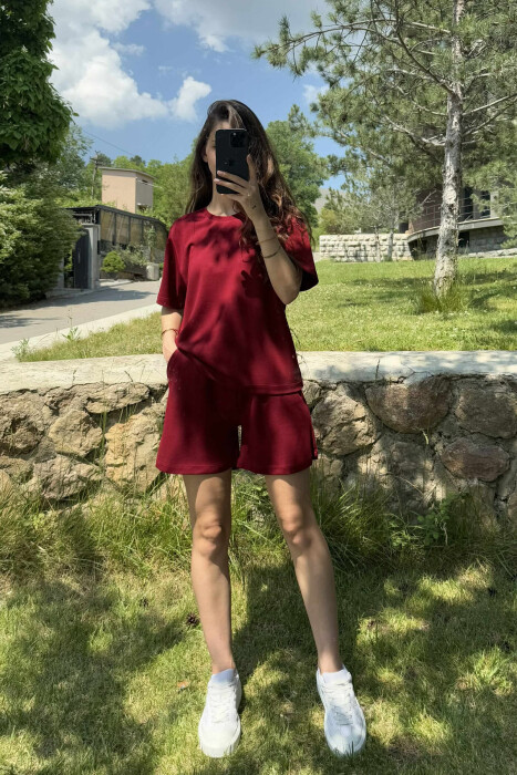 ONE COLOR SIMPLE T-SHIRT+SHORTS WOMEN SET BURGUNDY/VISHNJE 