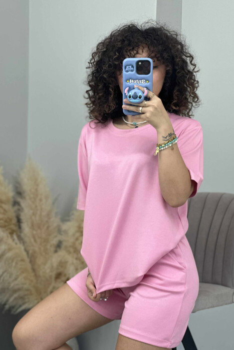 SET I THJESHTË T-SHIRT+PANTALLONA TË SHKURTRA PËR FEMRA NË NGJYRËN ROZË 