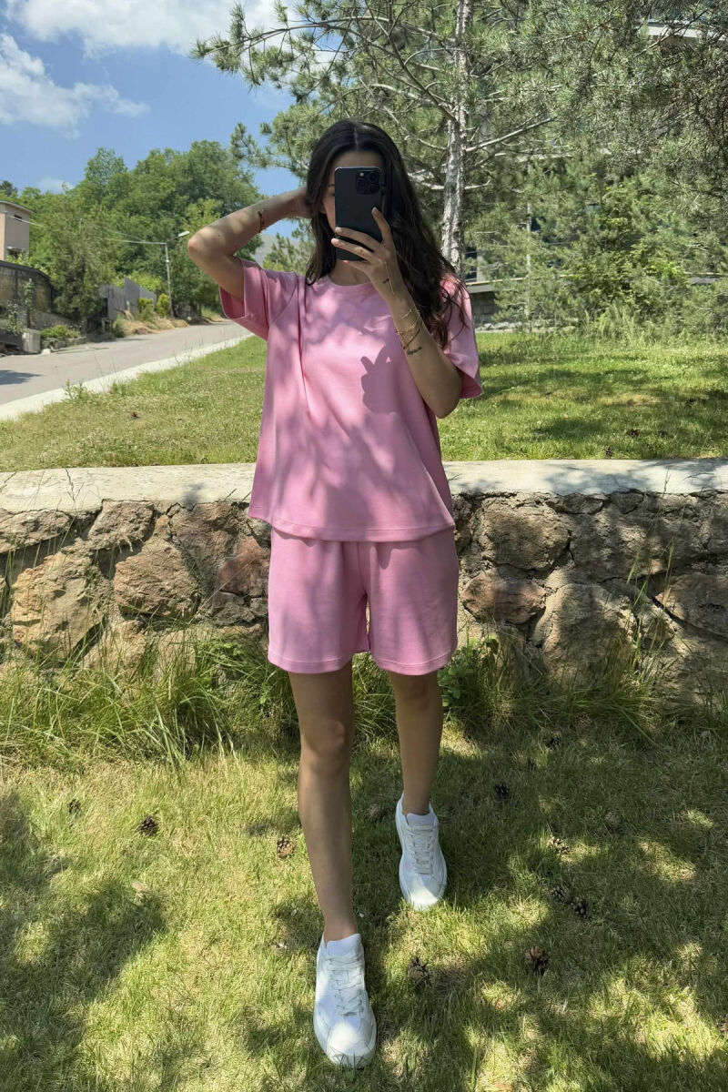 ONE COLOR SIMPLE T-SHIRT+SHORTS WOMEN SET PINK/ROZE - 1