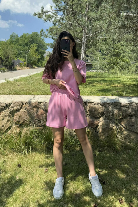 ONE COLOR SIMPLE T-SHIRT+SHORTS WOMEN SET PINK/ROZE - 2