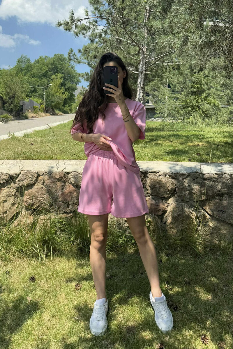 ONE COLOR SIMPLE T-SHIRT+SHORTS WOMEN SET PINK/ROZE - 2