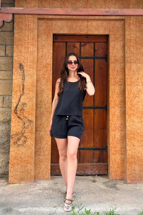 ONE COLOR SIMPLE TANK TOP + SHORTS WOMAN SET BLACK/ E ZEZE - KLAUDIO FASHION