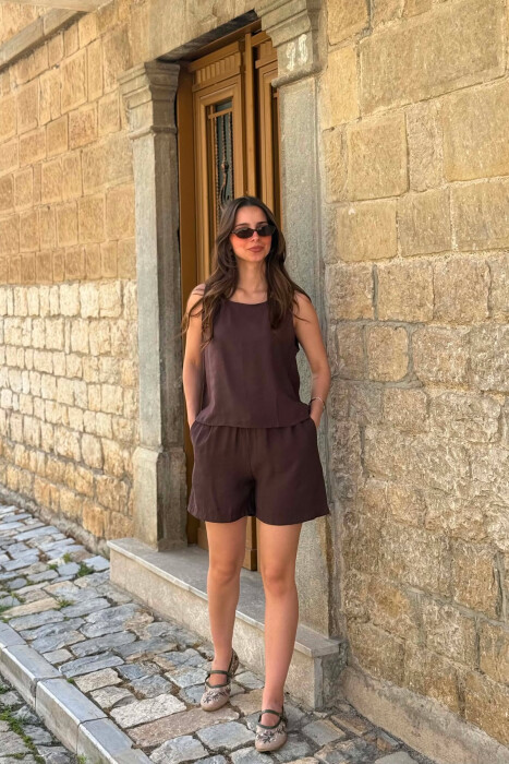 ONE COLOR SIMPLE TANK TOP + SHORTS WOMAN SET BROWN/KAFE - 1