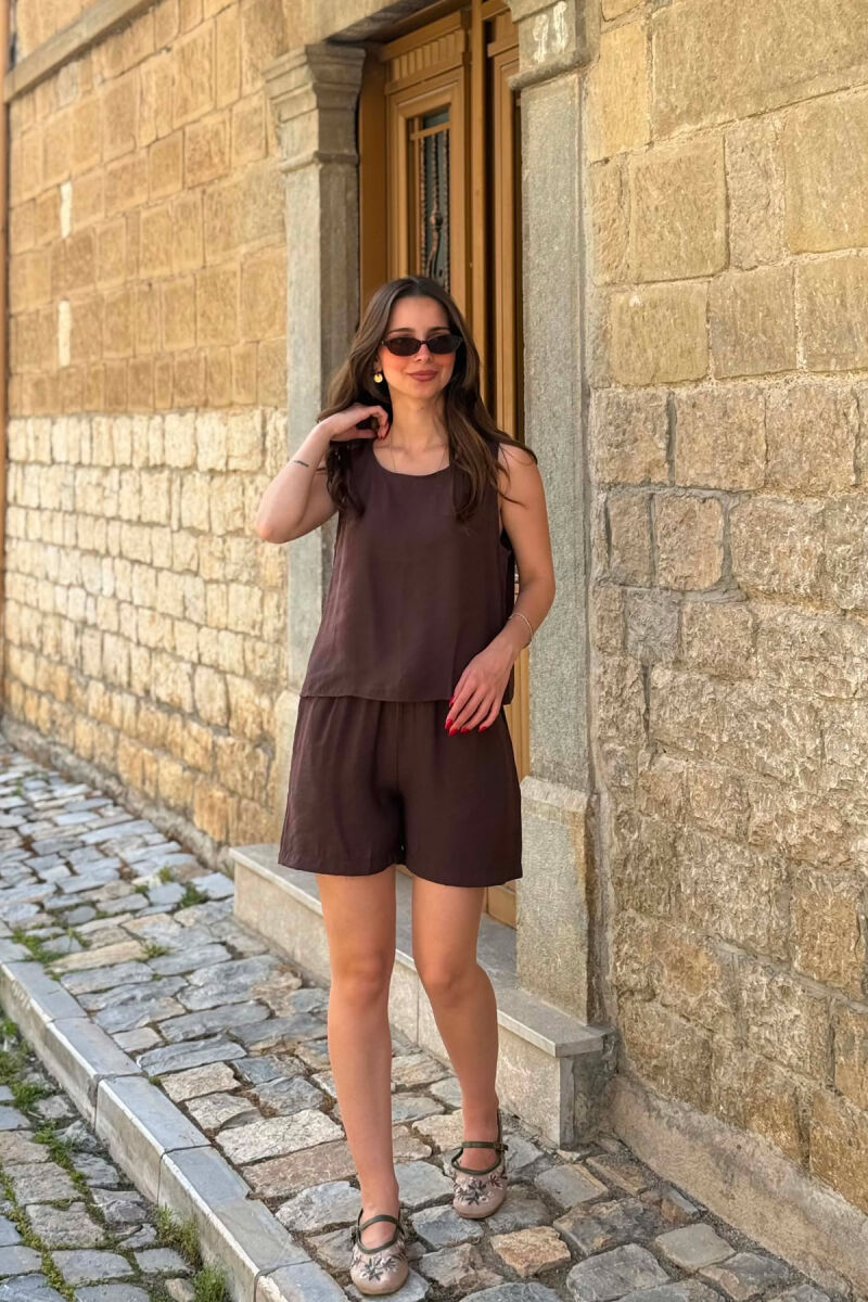 ONE COLOR SIMPLE TANK TOP + SHORTS WOMAN SET BROWN/KAFE - 2