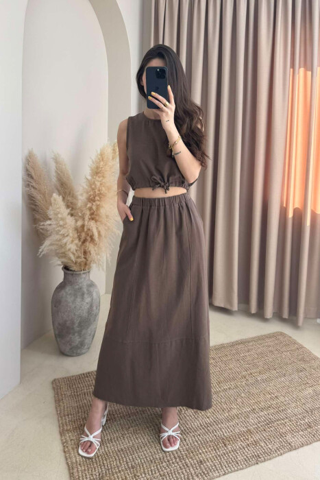ONE COLOR SIMPLE TANK TOP+SKIRT WOMEN SET BROWN/KAFE 
