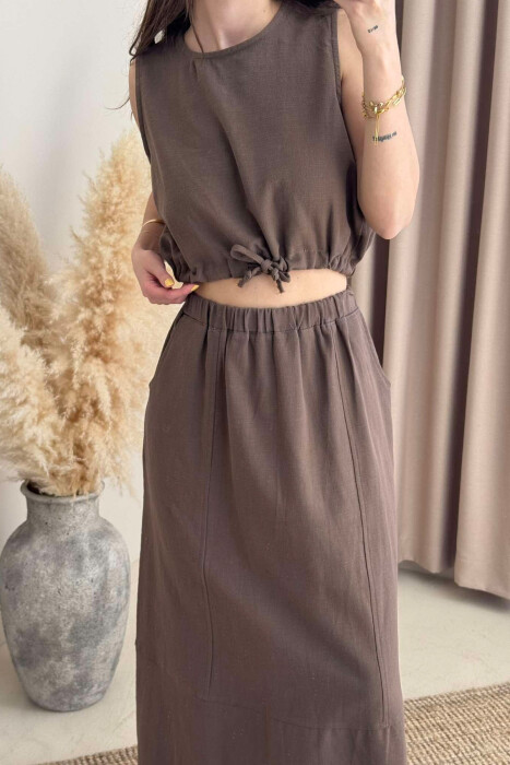 ONE COLOR SIMPLE TANK TOP+SKIRT WOMEN SET BROWN/KAFE - 2