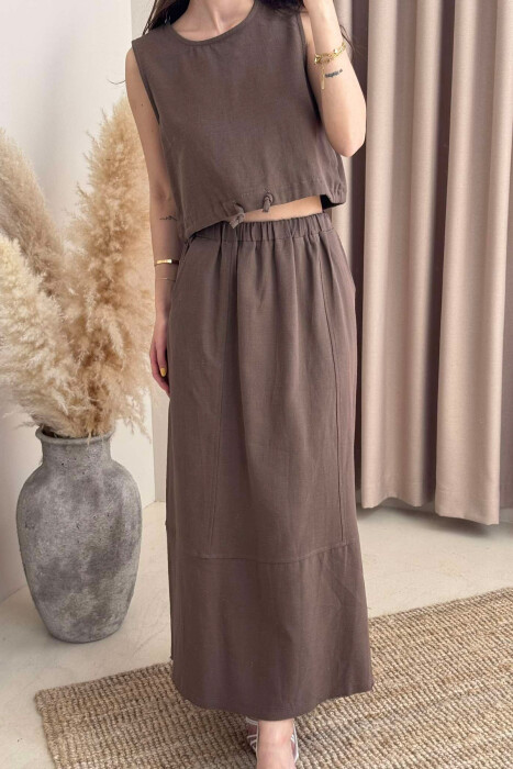 ONE COLOR SIMPLE TANK TOP+SKIRT WOMEN SET BROWN/KAFE - 3