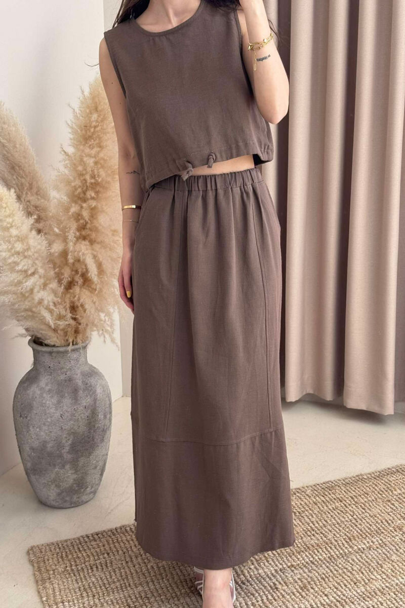 ONE COLOR SIMPLE TANK TOP+SKIRT WOMEN SET BROWN/KAFE - 3