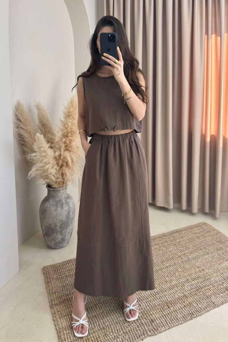 ONE COLOR SIMPLE TANK TOP+SKIRT WOMEN SET BROWN/KAFE - 5