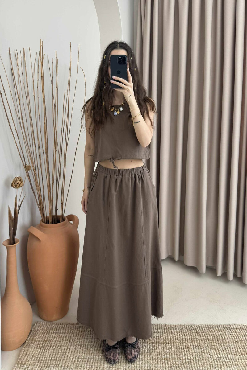 ONE COLOR SIMPLE TANK TOP+SKIRT WOMEN SET BROWN/KAFE - 1