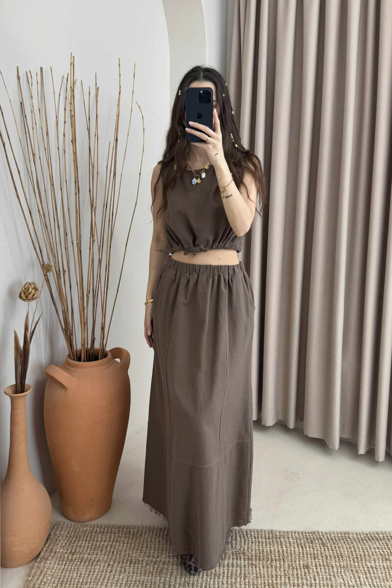 ONE COLOR SIMPLE TANK TOP+SKIRT WOMEN SET BROWN/KAFE - 7