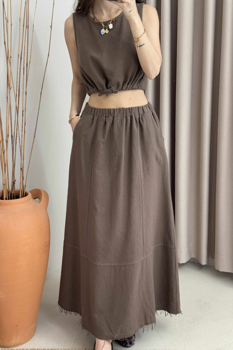 ONE COLOR SIMPLE TANK TOP+SKIRT WOMEN SET BROWN/KAFE - 8