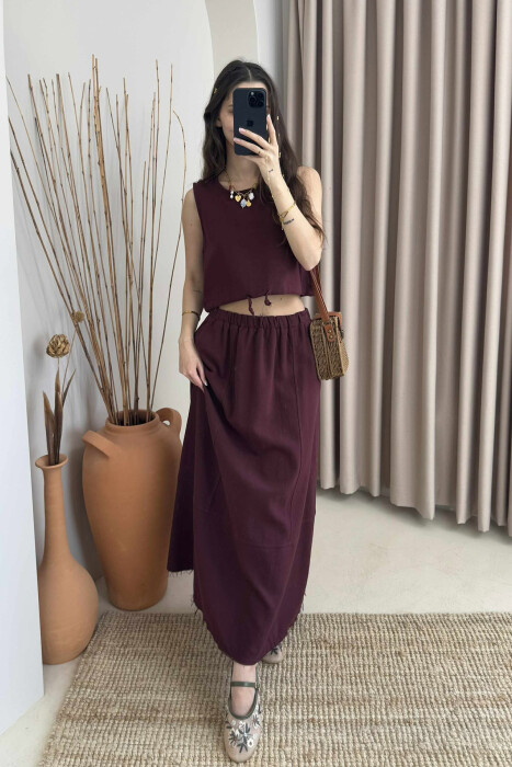 ONE COLOR SIMPLE TANK TOP+SKIRT WOMEN SET BURGUNDY/VISHNJE - 2