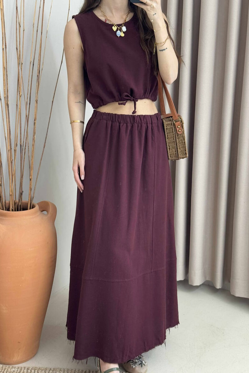 ONE COLOR SIMPLE TANK TOP+SKIRT WOMEN SET BURGUNDY/VISHNJE - 3