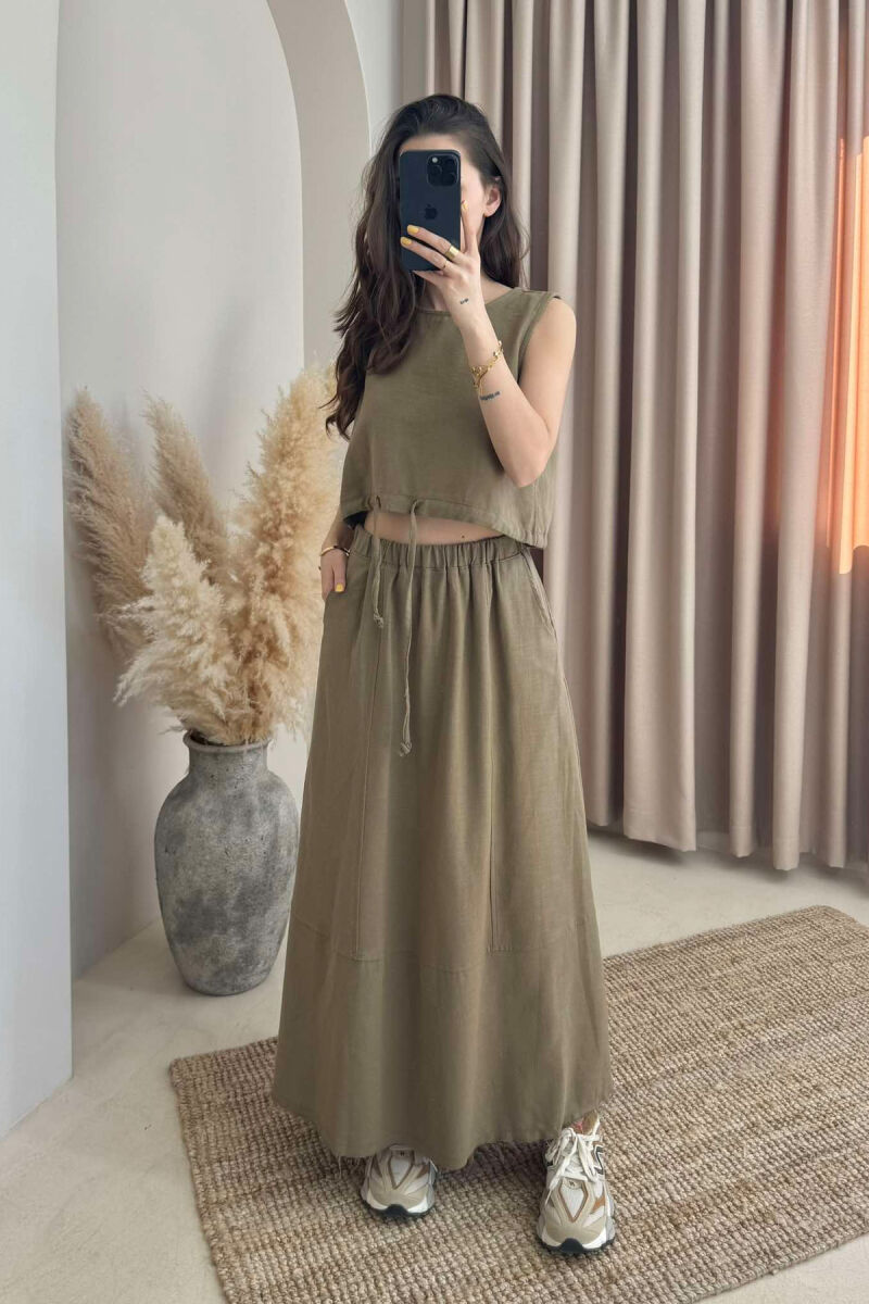 ONE COLOR SIMPLE TANK TOP+SKIRT WOMEN SET OLIVE/ULLI - 1