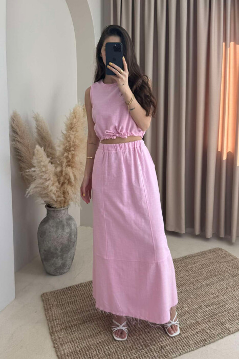 ONE COLOR SIMPLE TANK TOP+SKIRT WOMEN SET PINK/ROZE 