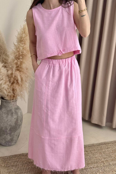 ONE COLOR SIMPLE TANK TOP+SKIRT WOMEN SET PINK/ROZE - 2