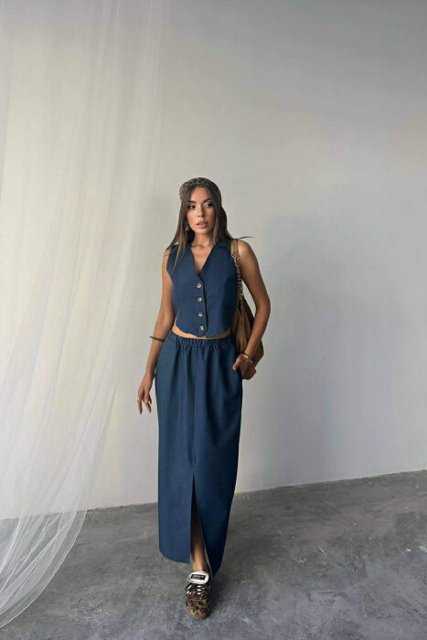 ONE COLOR SIMPLE VEST +CUT OPEN SKIRT WOMEN SET BLUE/BLU - KLAUDIO FASHION