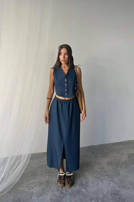 ONE COLOR SIMPLE VEST +CUT OPEN SKIRT WOMEN SET BLUE/BLU - 2