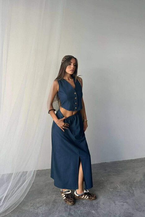 ONE COLOR SIMPLE VEST +CUT OPEN SKIRT WOMEN SET BLUE/BLU - 4