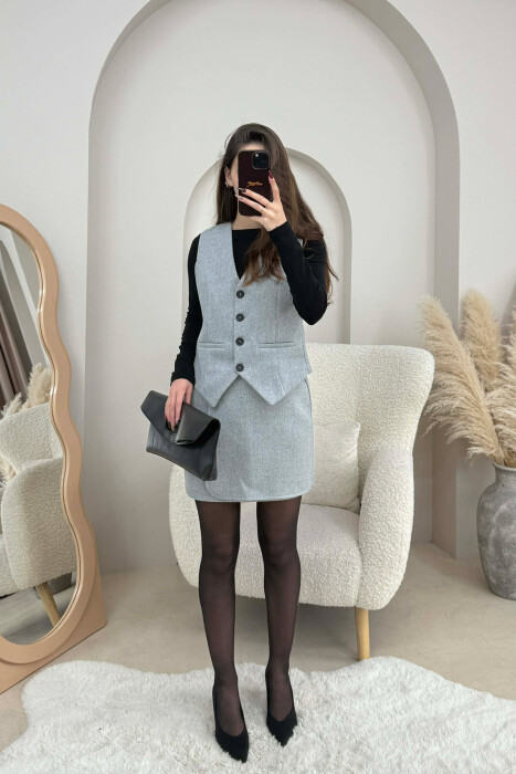 ONE COLOR SIMPLE VEST+SKIRT WOMEN SET LIGHT GREY/GZ - 2