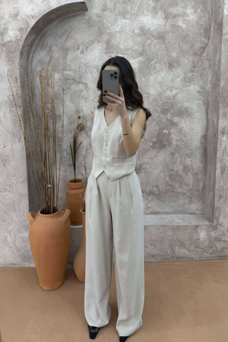 ONE COLOR SIMPLE VEST+TROUSERS WOMEN SET CREAM/KREM 