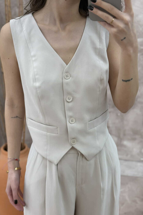 ONE COLOR SIMPLE VEST+TROUSERS WOMEN SET CREAM/KREM - 3