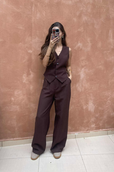 ONE COLOR SIMPLE VEST+TROUSERS WOMEN SET DARK BROWN/KAE 