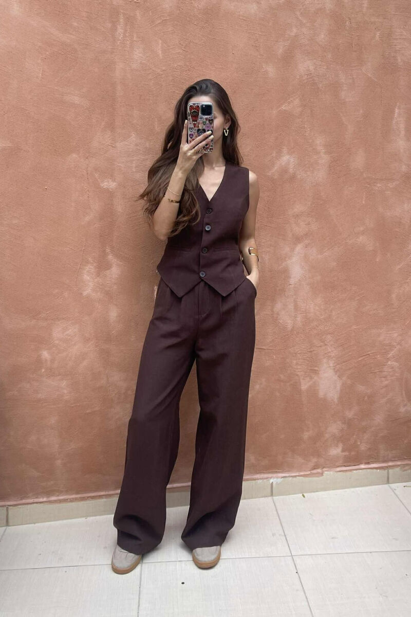 ONE COLOR SIMPLE VEST+TROUSERS WOMEN SET DARK BROWN/KAE - 1