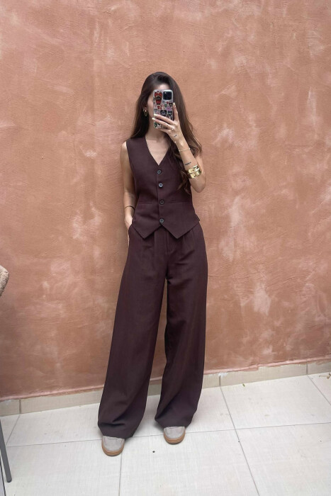 ONE COLOR SIMPLE VEST+TROUSERS WOMEN SET DARK BROWN/KAE - 2