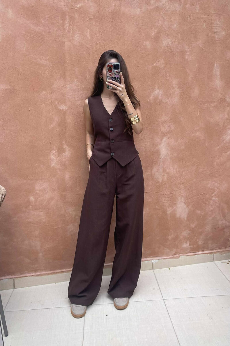 ONE COLOR SIMPLE VEST+TROUSERS WOMEN SET DARK BROWN/KAE - 2