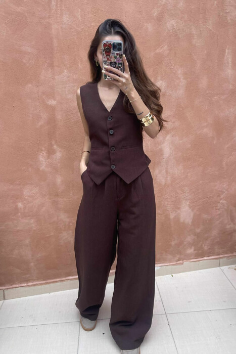 ONE COLOR SIMPLE VEST+TROUSERS WOMEN SET DARK BROWN/KAE - 3